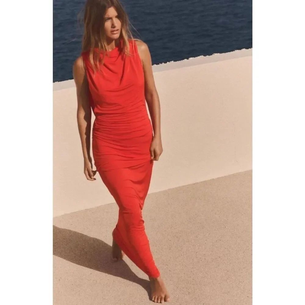 Zara Womens Maxi Dress Medium Red Orange Ruched Draped Sleeveless 2911/001 NWT